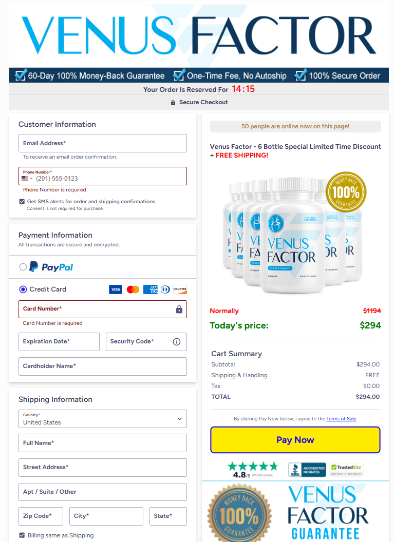 Venus Factor secure checkout page